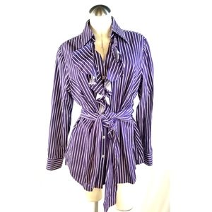 Jones New York Size 1X Purple Striped Belted Shirt Front Ruffle